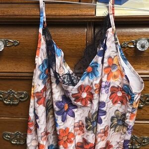Floral Lace Trim Slip Dress - Multicolor Flower Print